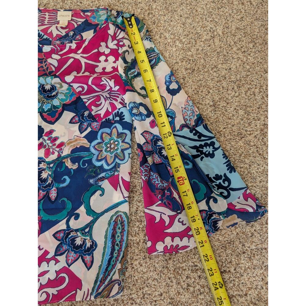 Chicos Womens Blouse Size 0 Small Blue Pink Floral Bell Sleeve Colorful - Picture 9 of 11